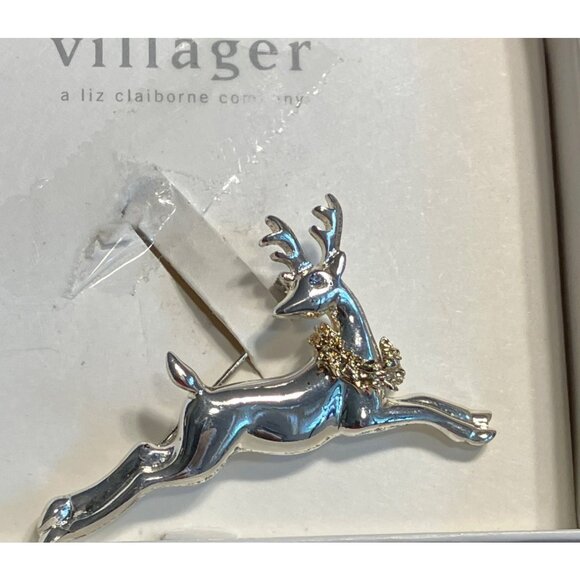 Silver-Tone Reindeer Brooch With Gold-Tone Wreath By Villager - Picture 6 of 13